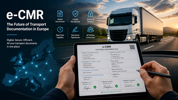 Kierowca korzystający z tabletu z cyfrowym dokumentem CMR podczas realizacji transportu ciężarowego w Europie, symbol nowoczesnej cyfryzacji logistyki